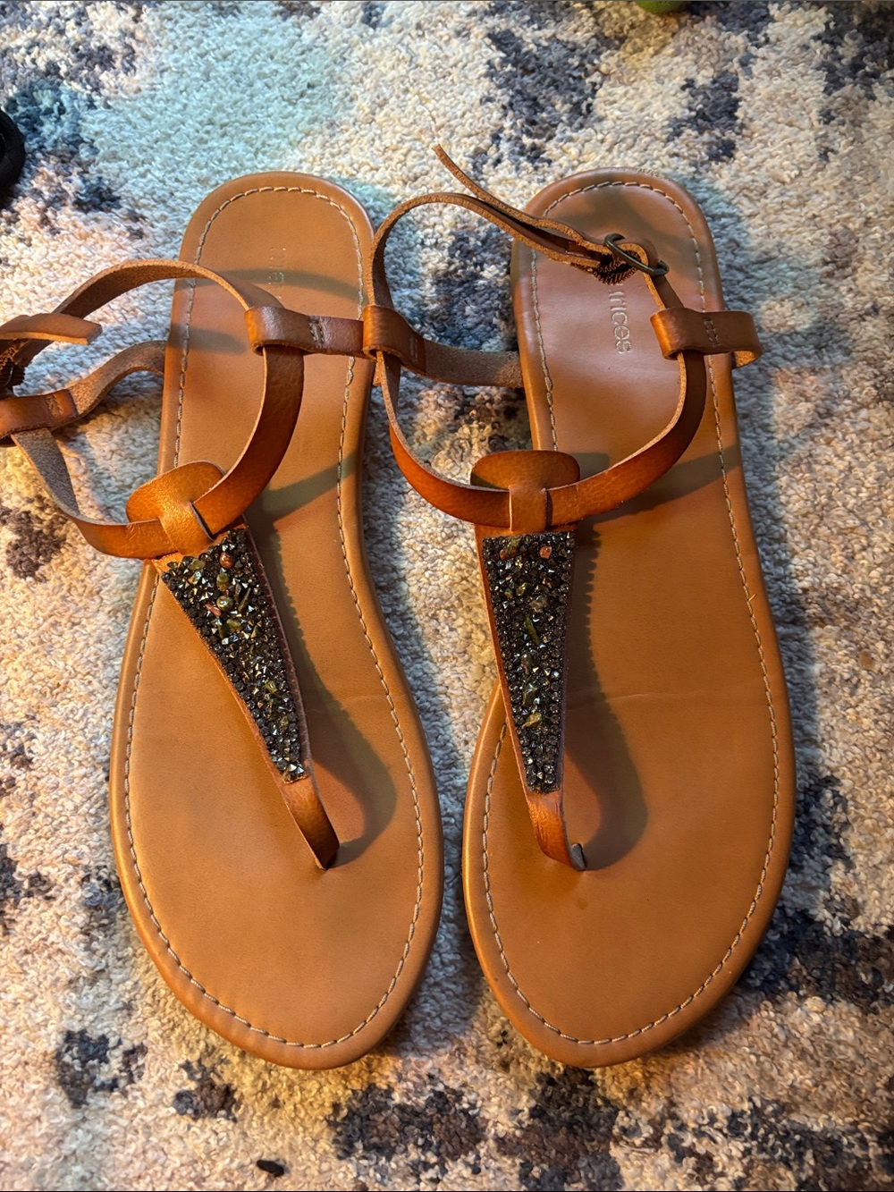 Maurices Brown T-Strap Sandals with Beaded Detail
